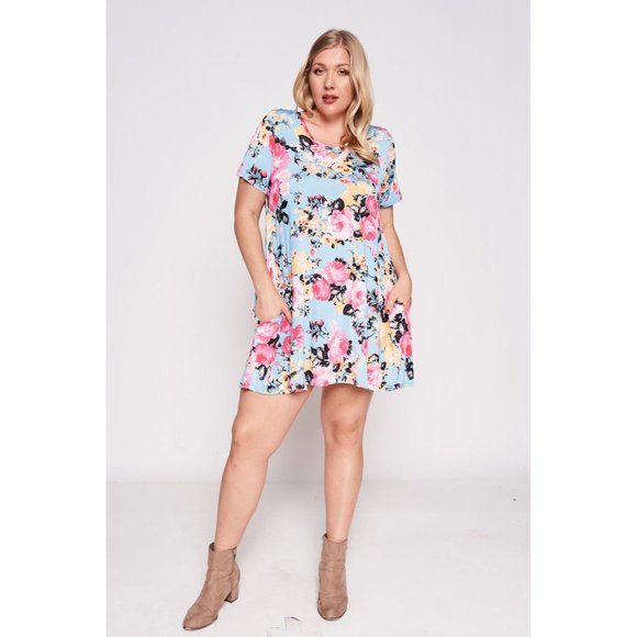 PINK ROSE WESTERN FLORAL BOHO PLUS MINI SWING DRESS POCKETS 1X 2X 3X TU… - Picture 3 of 4